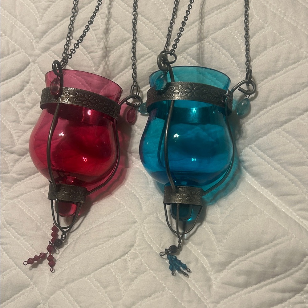 Hanging Glass Candle Holders in Pink and Blue - Picture 2 of 5